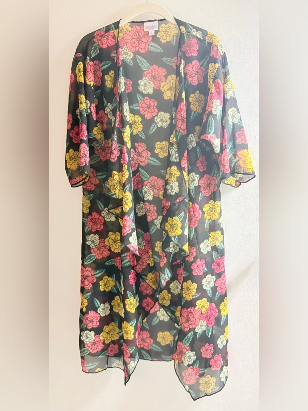 LuLaRoe Black Floral Kimono with Pink and Yellow Blooms or Robe